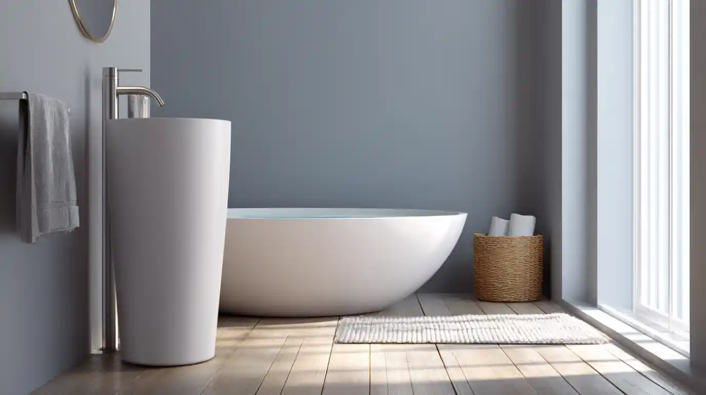 Samostojeći lavabo u miimalističkom modernom kupatilu.